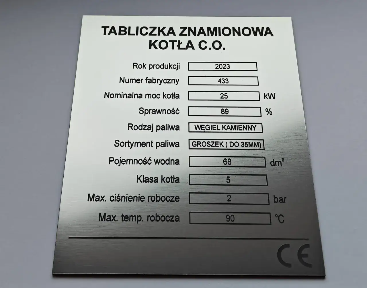tabliczka znamionowa kotła grzewczego